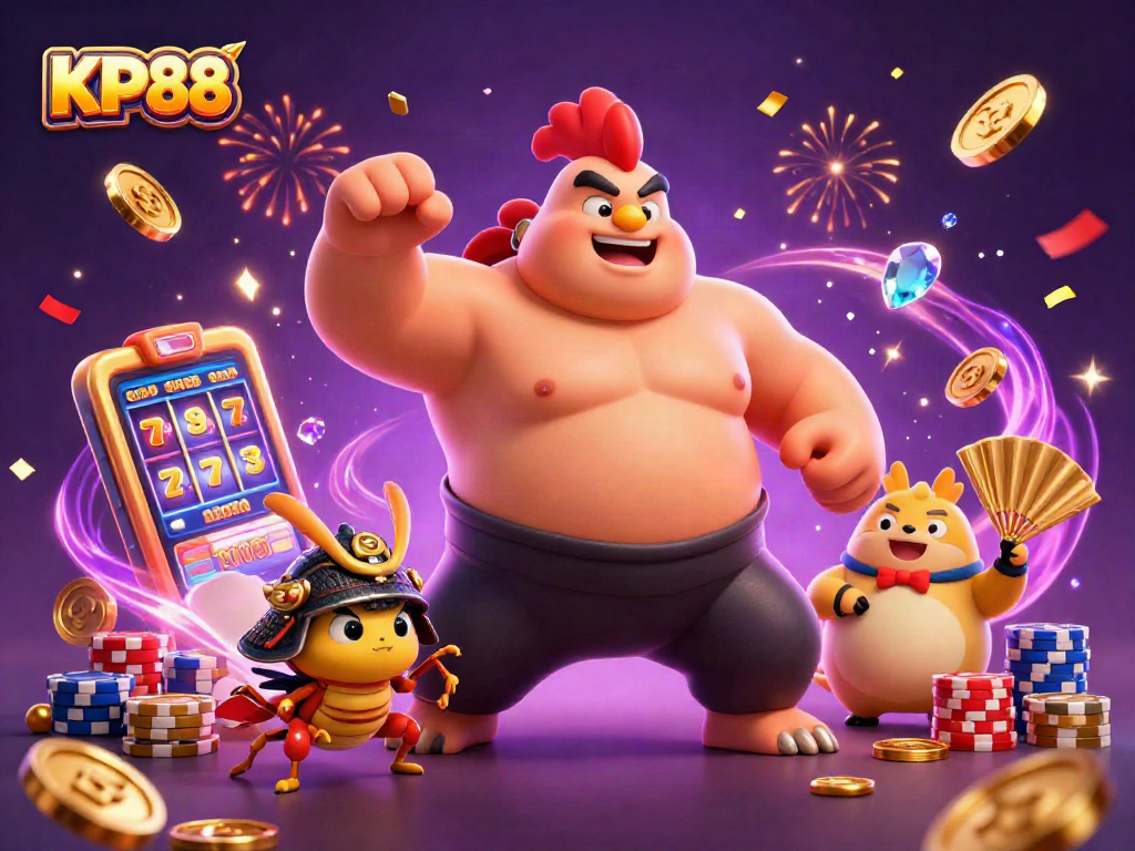 Experience thrilling gameplay at KP88 with a dynamic illustration of lucky charm characters and casino elements.