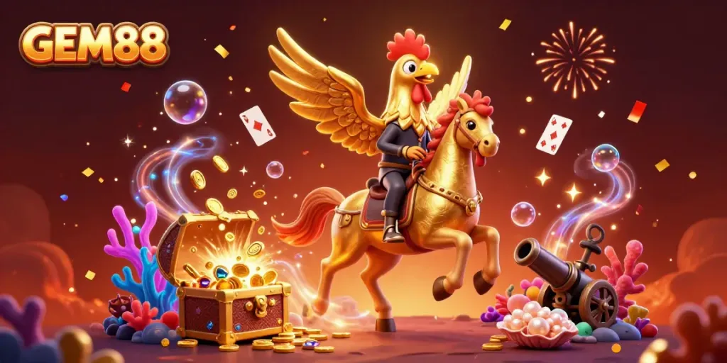 Experience the thrill of GEM88 with golden rooster and magical casino companions in a vibrant underwater scene.