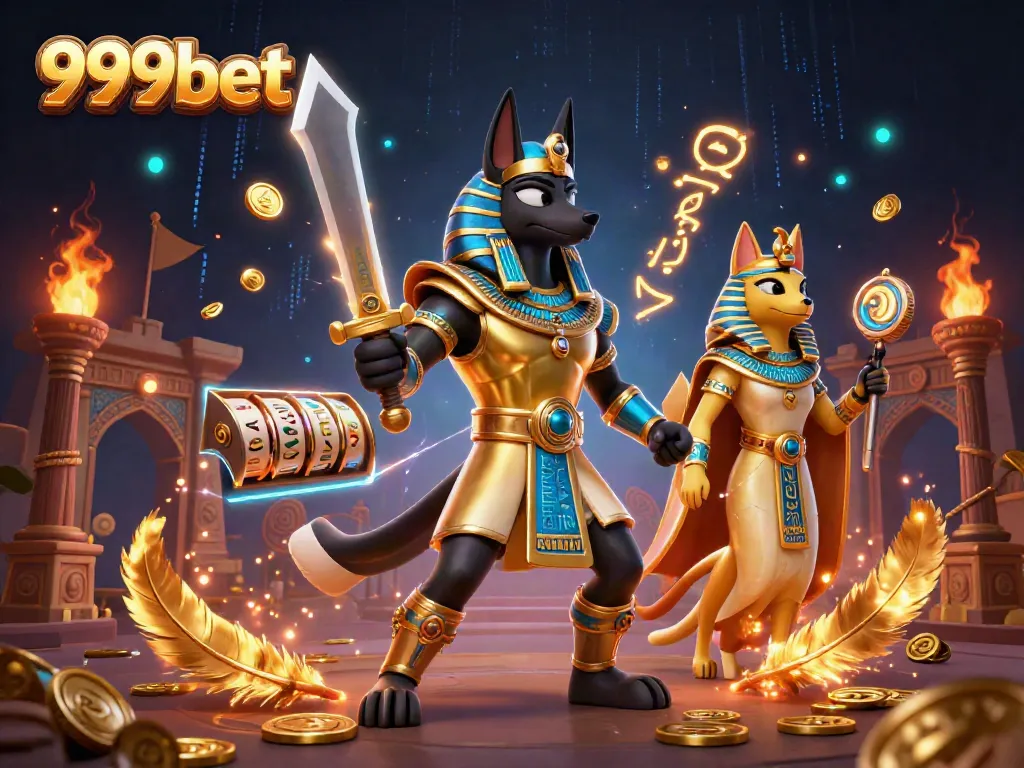Experience thrilling gambling action with ancient Egyptian warriors like 999bet's Anubis in a vibrant casino scene.