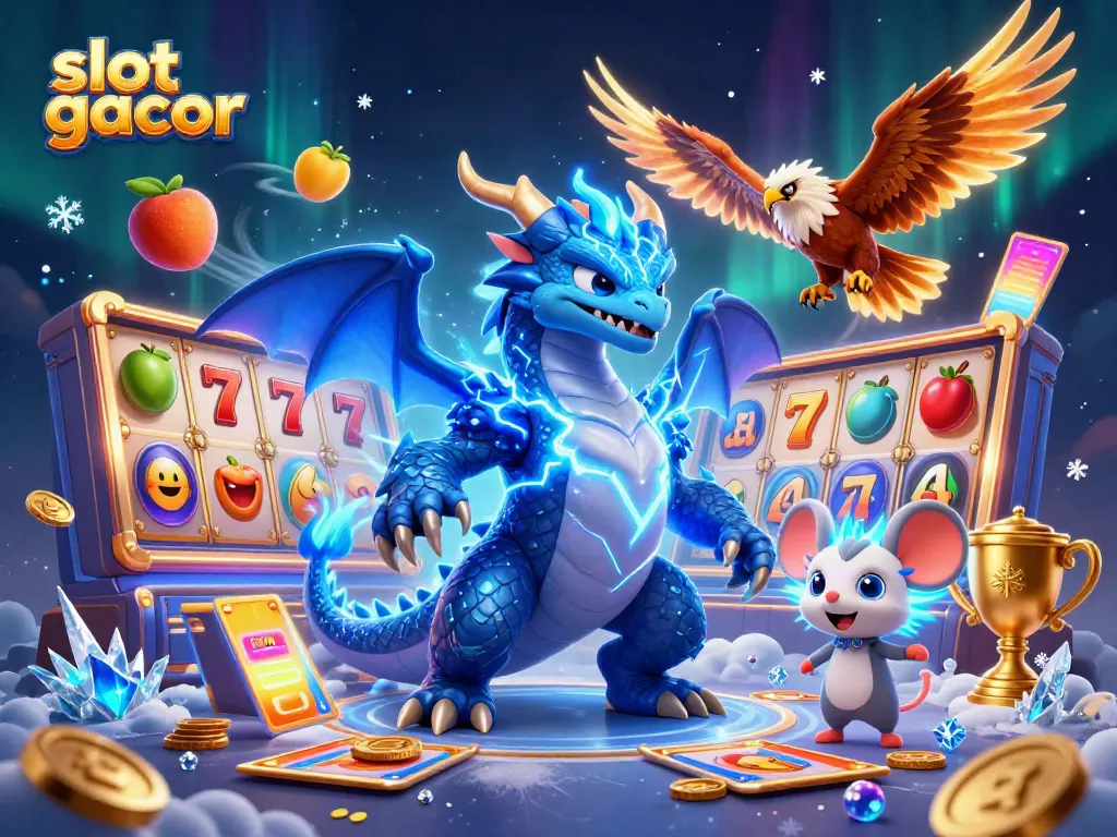 Engage with slot gacor features featuring a dragon, hawk, and mouse mascot amidst thematic slot elements
