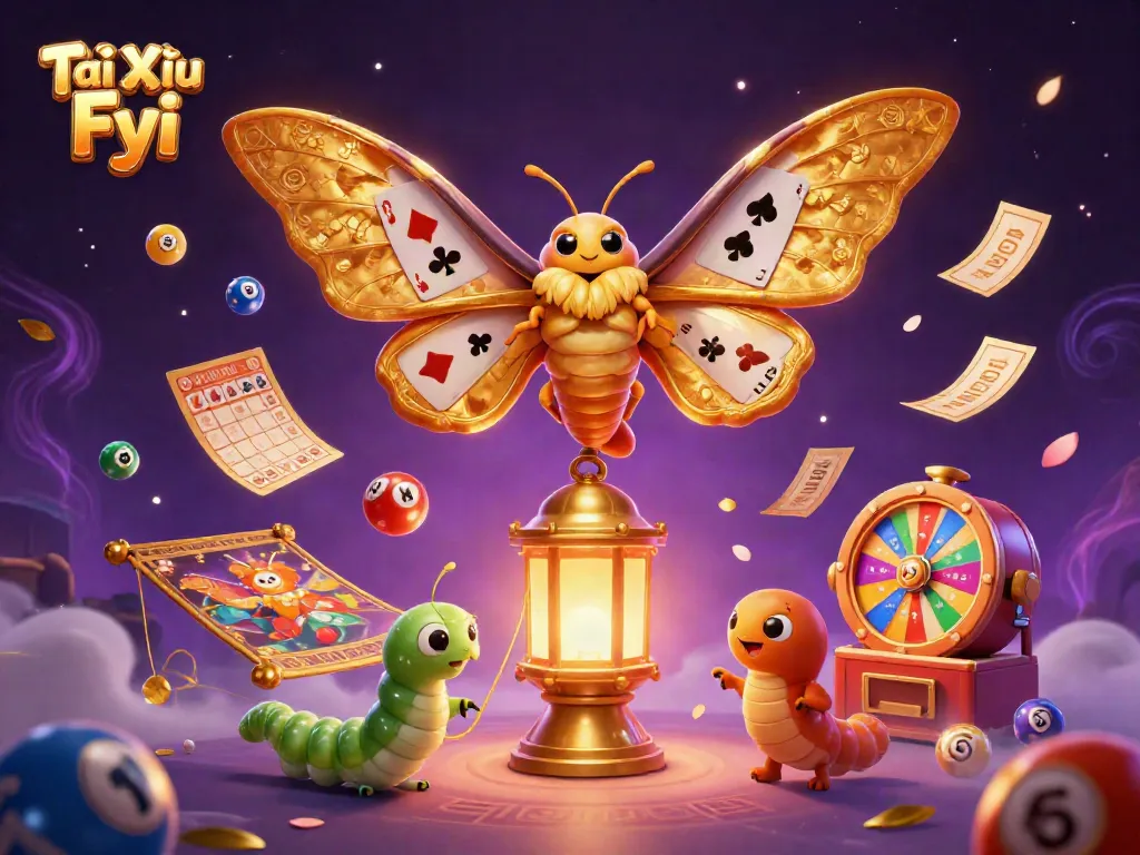 Tài Xỉu Fyi showcases a grand illustration with a golden atlas moth in a vibrant casino scene filled with lottery elements.