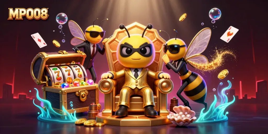 Engage with MPO08's exciting casino world featuring a bustling scene with a bumblebee mob boss and slot elements.