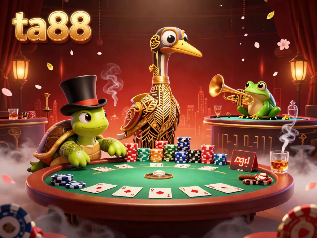 Join the excitement at ta88 with cartoon characters at a vibrant gaming scene featuring poker elements.