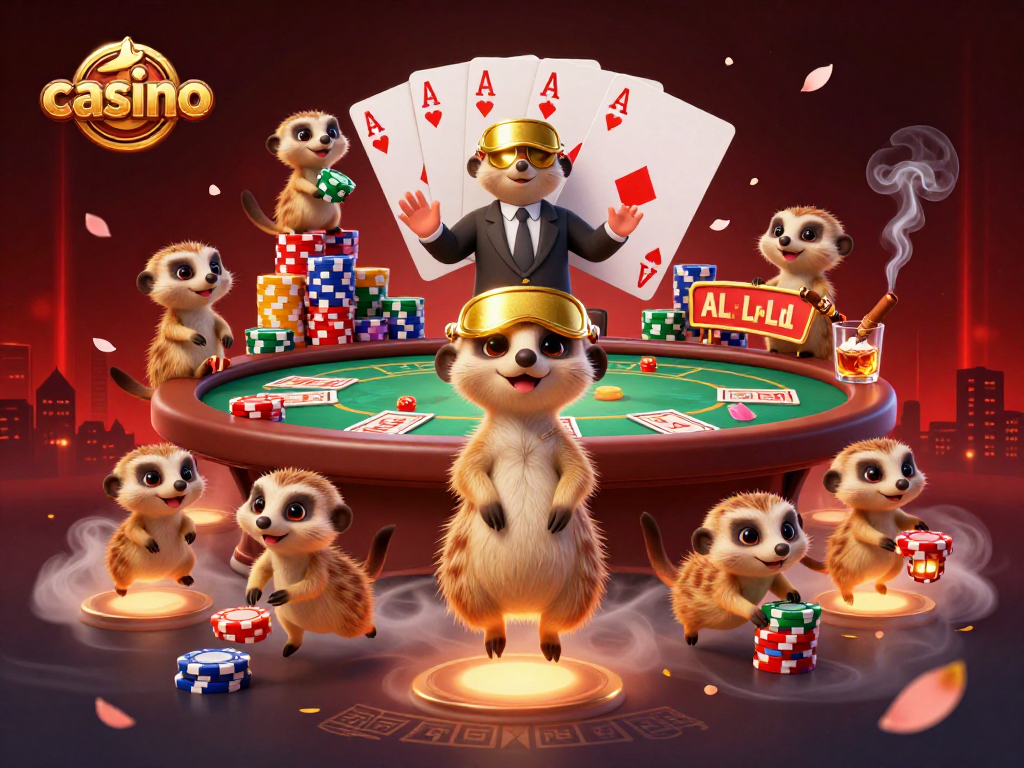 Meerkats operating a vibrant casino with poker elements, highlighting a fun casino atmosphere.
