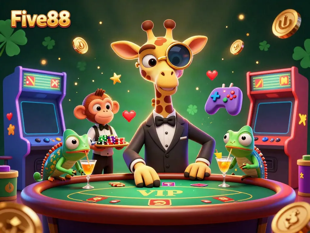Experience vibrant and engaging casino fun with Five88 featuring a high-roller giraffe, monkey valet, and chameleon bartender.