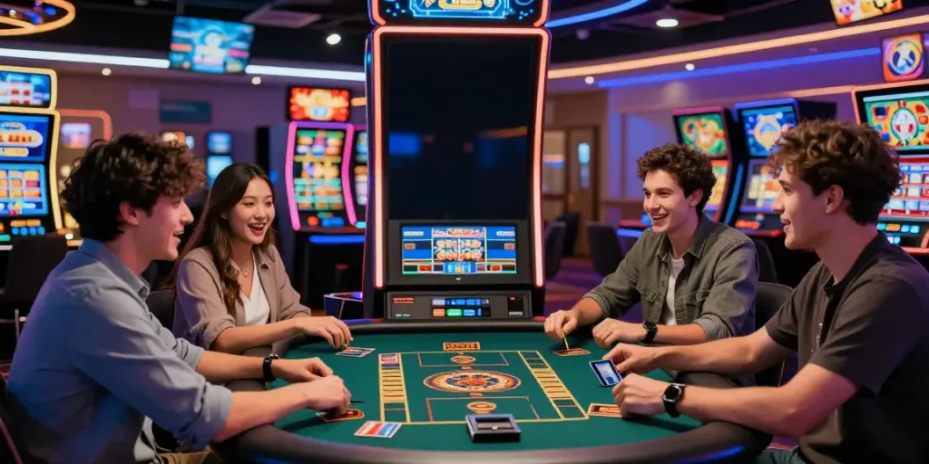 Players at a lively online casino engaging with games, showcasing casinos that accept credit cards in a vibrant atmosphere.
