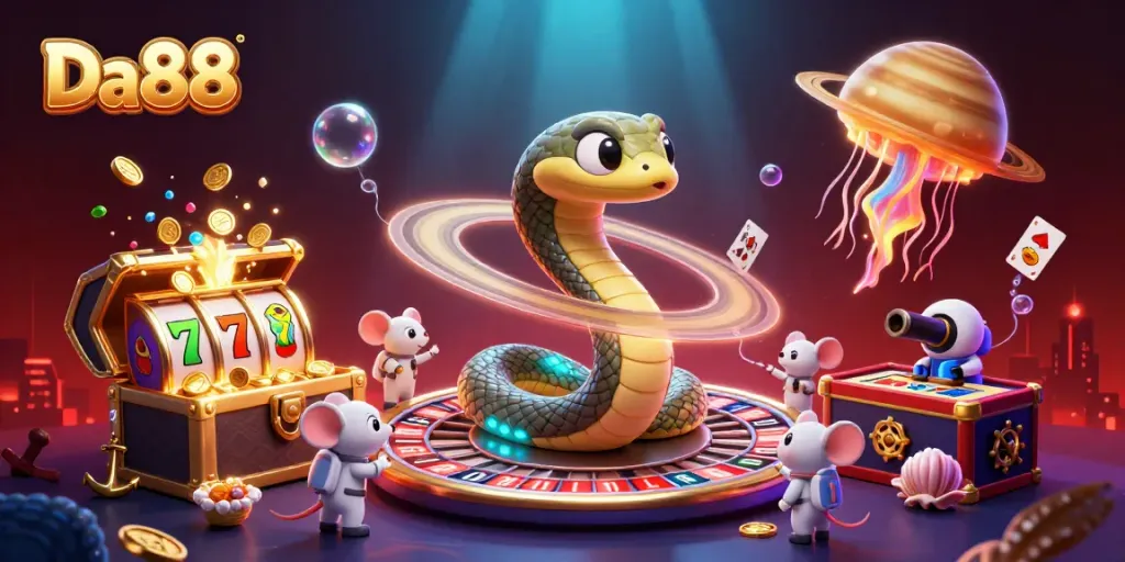 Experience thrilling gaming fun with Da88's cosmic casino adventure surrounded by vibrant, dynamic elements.