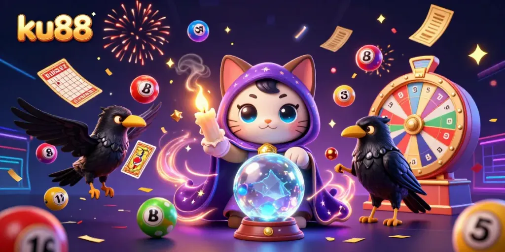 Experience excitement with ku88 in a vibrant casino-themed illustration filled with dynamic lottery elements and characters.