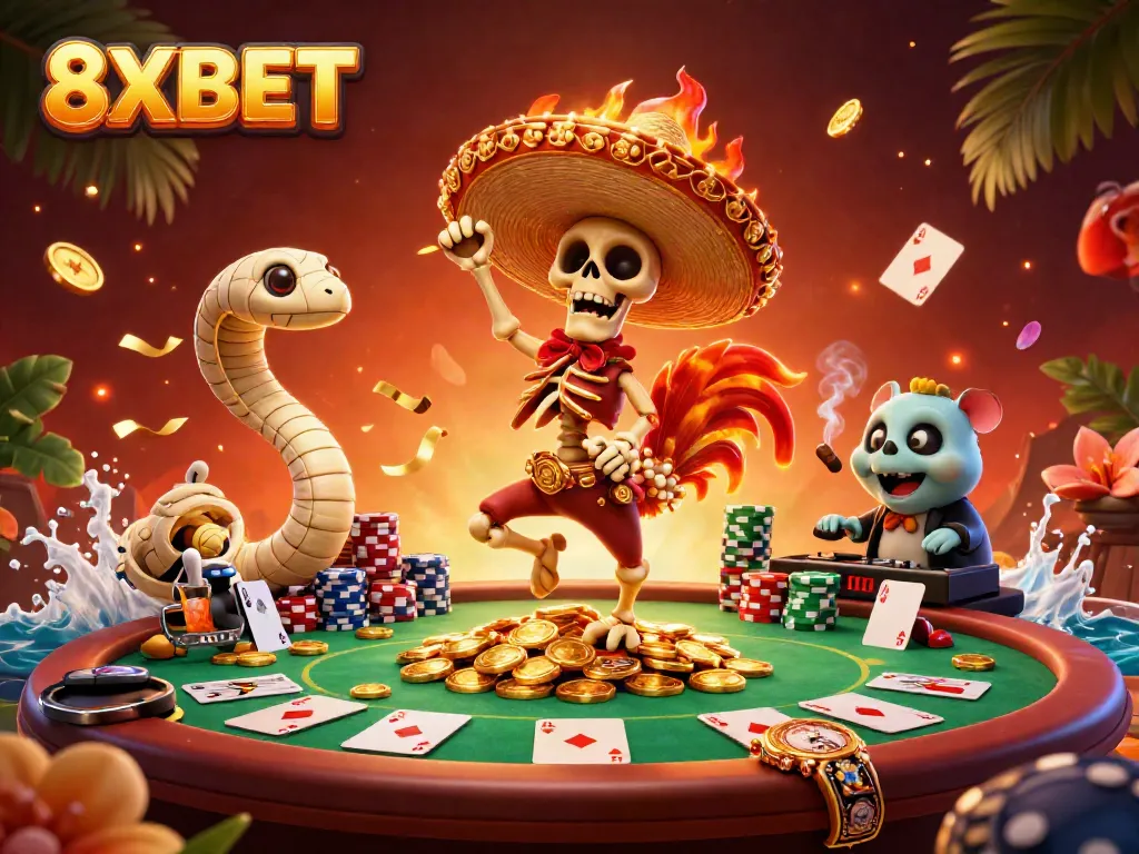 Experience exciting wins with 8XBET in a vibrant casino scene of festivities.