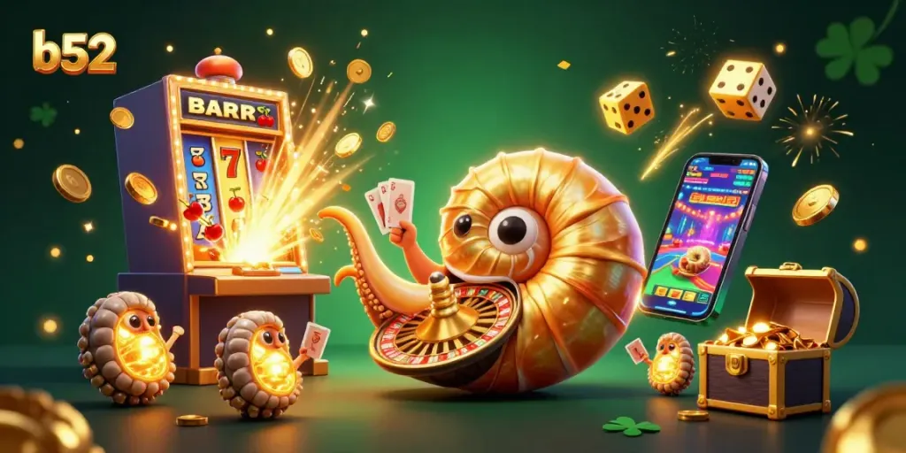 Experience big wins with b52 featuring a dynamic 3D nautilus roulette wheel surrounded by jackpot symbols.