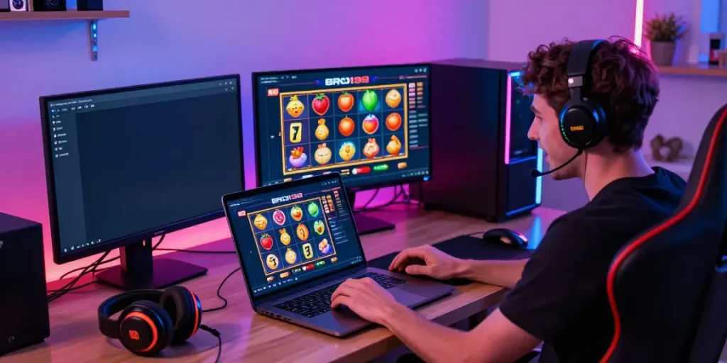 A user engaging with the bro138 slot platform on a sleek laptop in an electric gaming environment.
