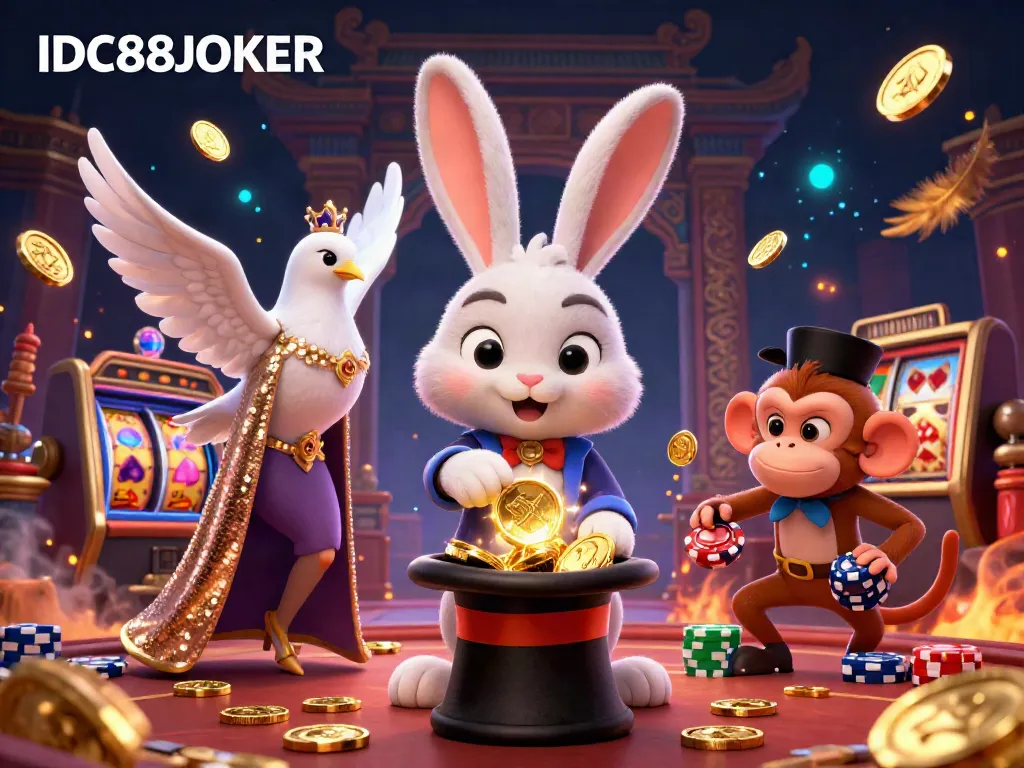 Experience the magic of IDC88JOKER with a dynamic scene featuring a magician rabbit, dove, and monkey amidst a vibrant casino.
