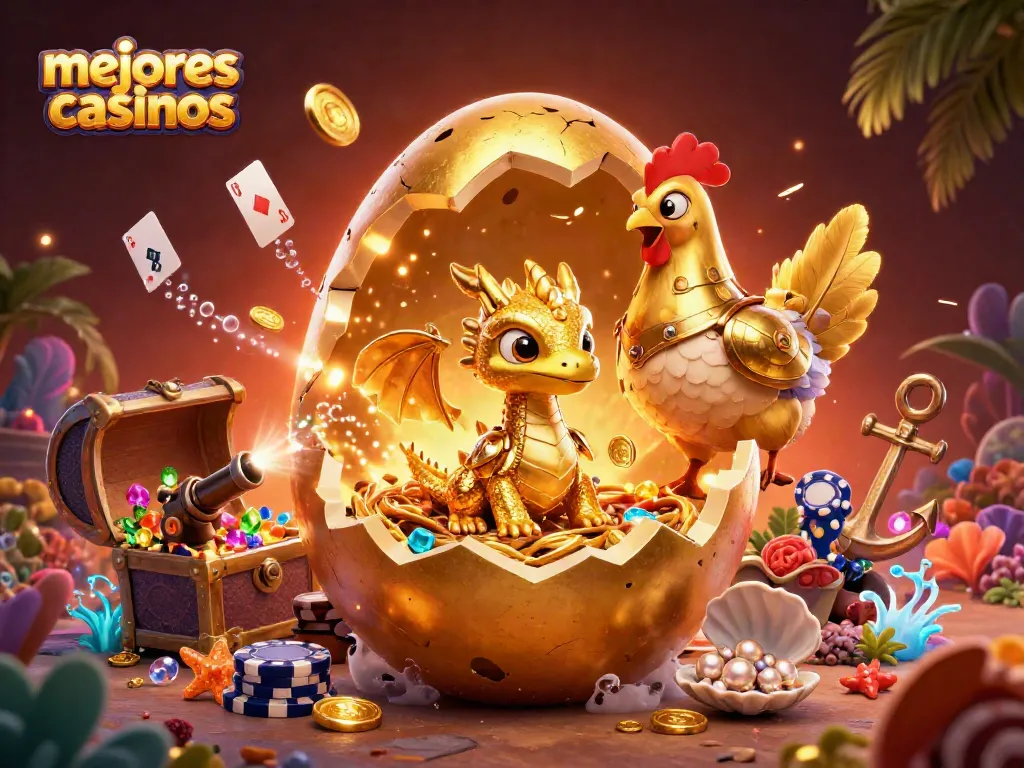 Disfruta de los mejores casinos con un dragón dorado y fichas en un mundo de juego vibrante.