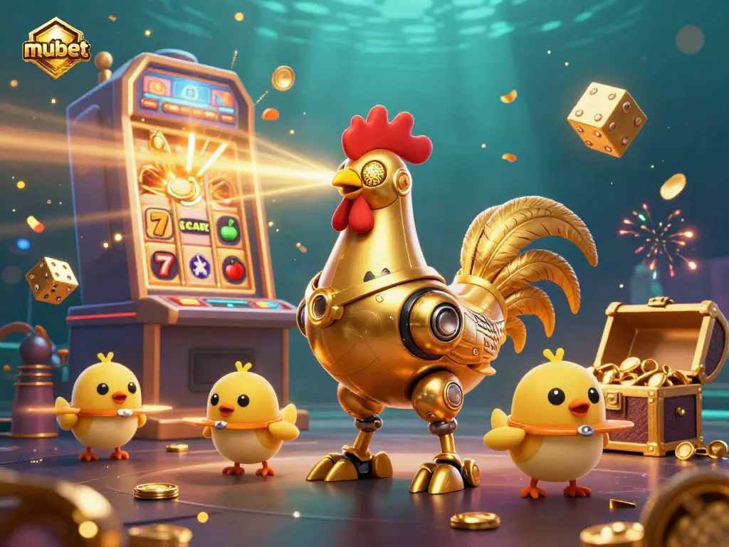 Experience the thrilling jackpot scene with mubet's golden rooster robot shooting laser beams amid a colorful casino frenzy.
