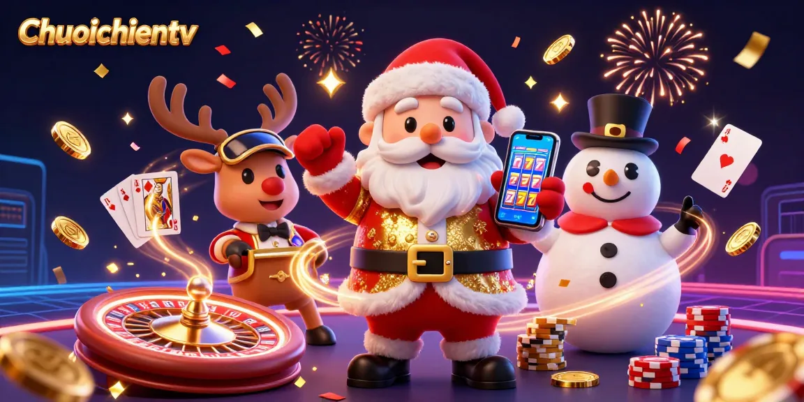 Join the fun with Chuoichientv in a vibrant scene featuring Santa and friends celebrating jackpots!