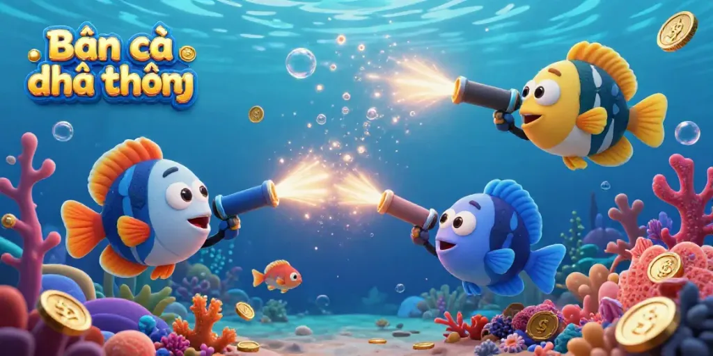 Bắn cá đổi thưởng game action featuring colorful fish shooting and dynamic underwater elements.