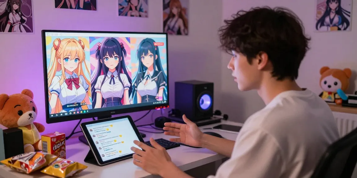 Engaging scene showcasing hentai chat AI interaction in a cozy home setup filled with anime collectibles.