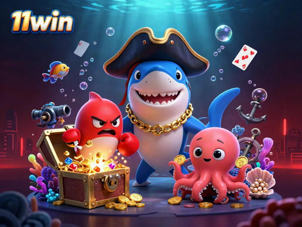 Experience thrilling gaming with 11win's cartoon pirate shark and friends amidst underwater treasures.
