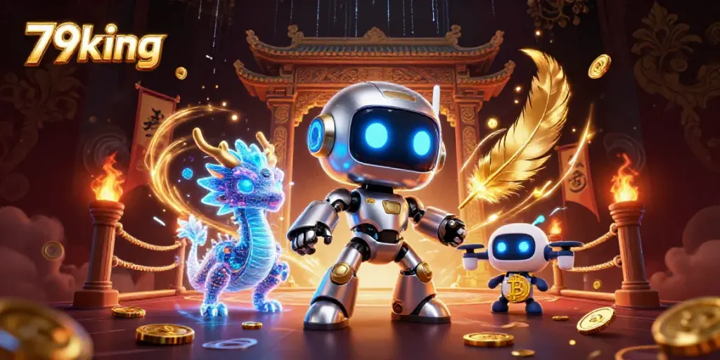 Experience the thrilling games of 79king with a vibrant 3D illustration showcasing a cyberpunk casino theme.