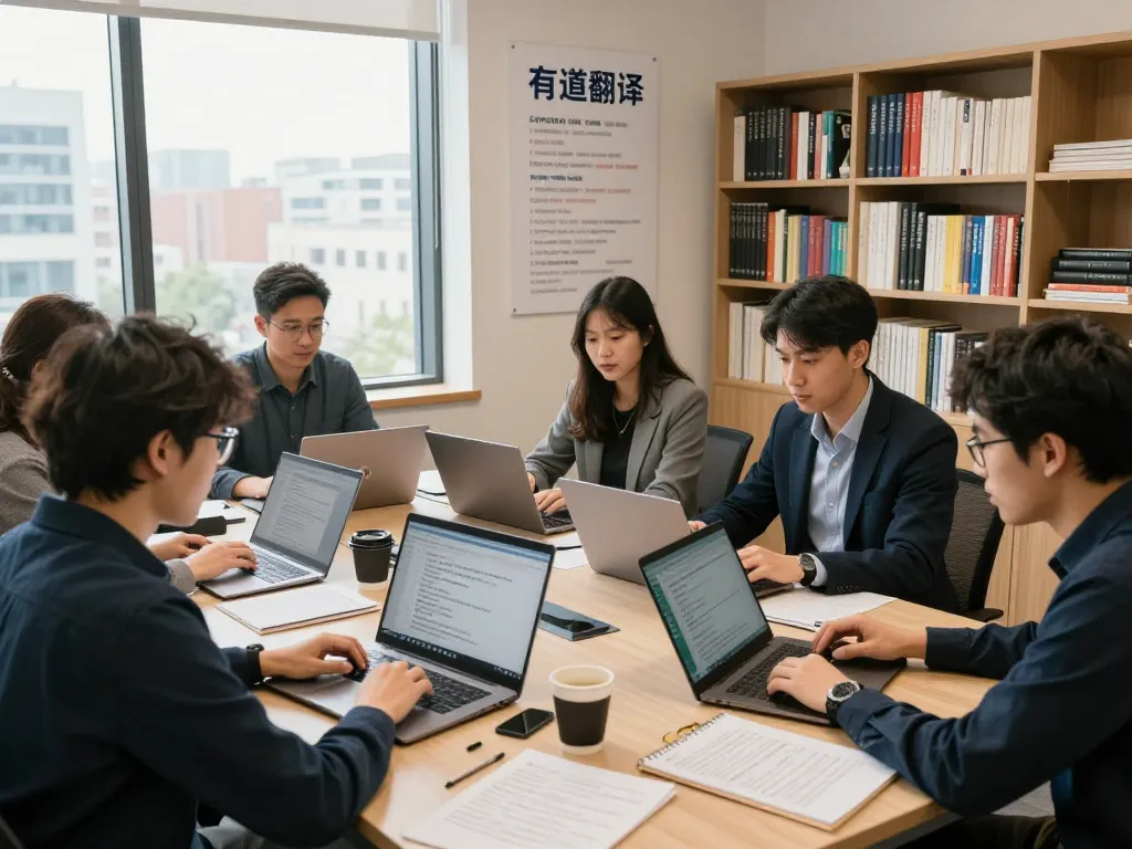 有道翻译团队在一个充满活力的翻译办公室中协作，展示了人工智能驱动的多语言能力和多元化的工作团队。