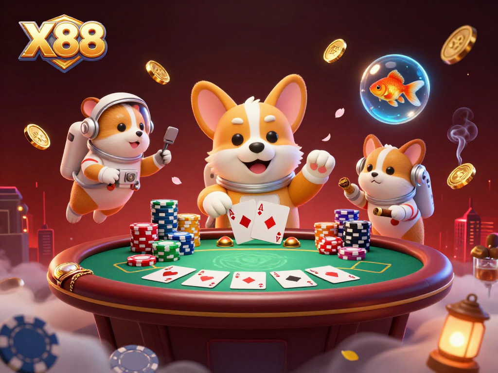 X88 vibrant space casino with a floating corgi and immersive poker scene