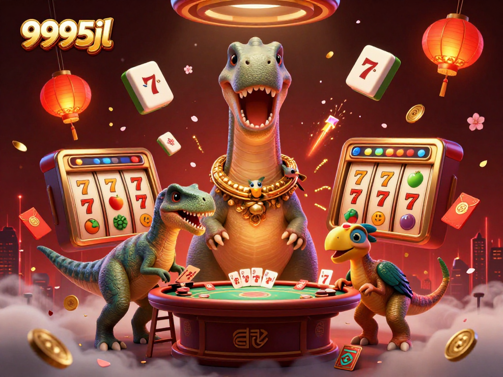 Experience thrilling gameplay at 9995jl with a vibrant 3D illustration of a dinosaur-themed casino.