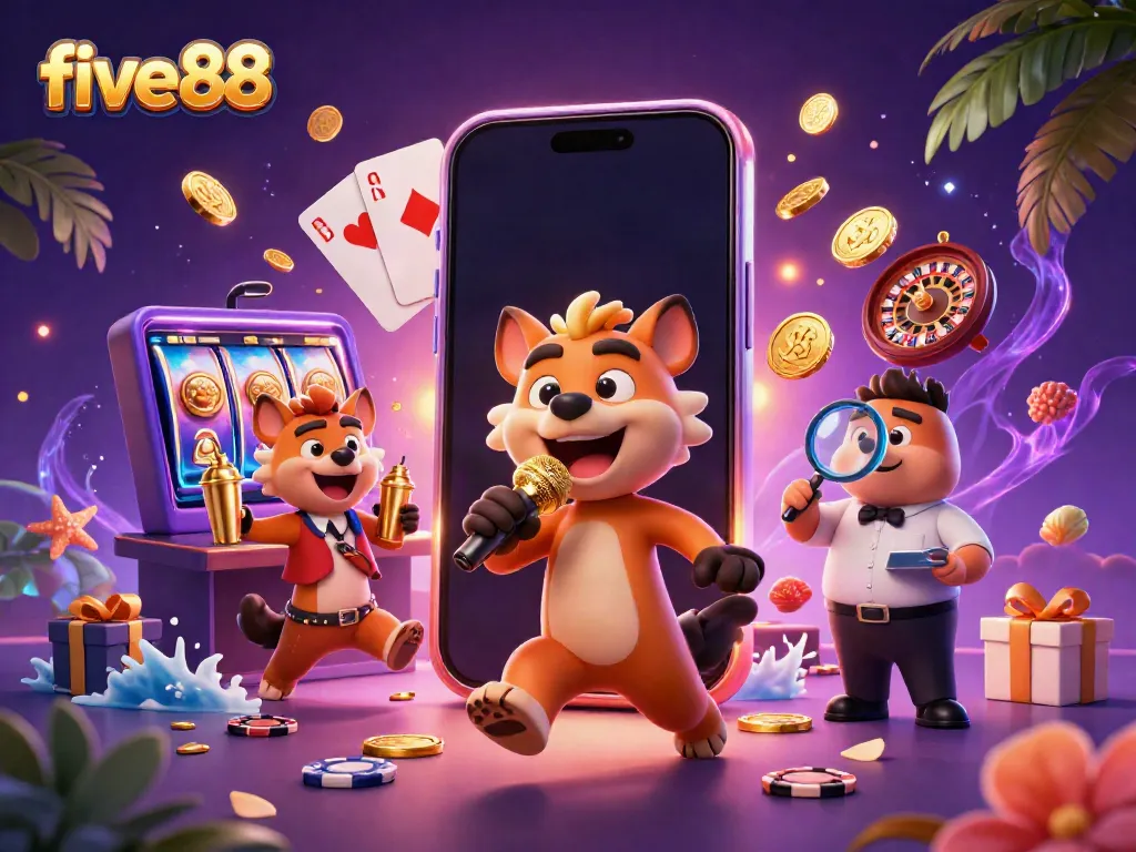 Experience excitement with five88 at a lively casino scene featuring hyenas as entertainers.
