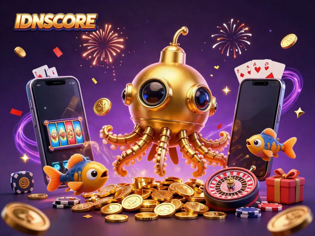 Experience IDNSCORE's vibrant gaming world with a golden kraken submarine and dynamic casino elements.
