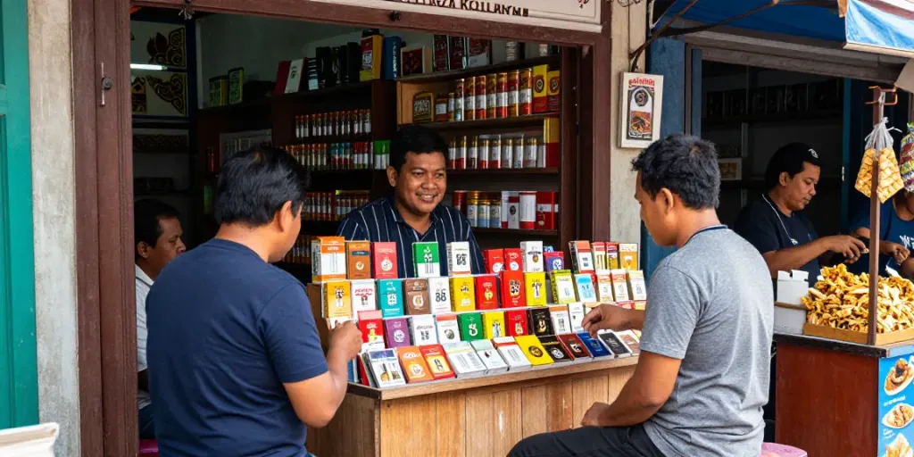 Menampilkan toko rokok 88 di pasar Indonesia yang ramai, dengan penjual dan pelanggan berinteraksi.