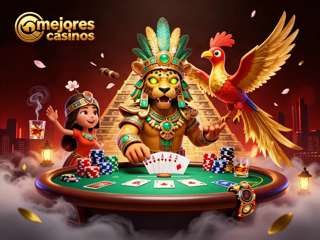 Visualiza los mejores casinos con un sacerdote jaguar y un quetzal en una escena vibrante de juego.