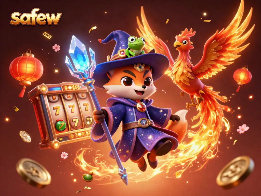 Experience safew with a fantasy-themed casino scene featuring a wizard fox, phoenix, and rich gambling elements.