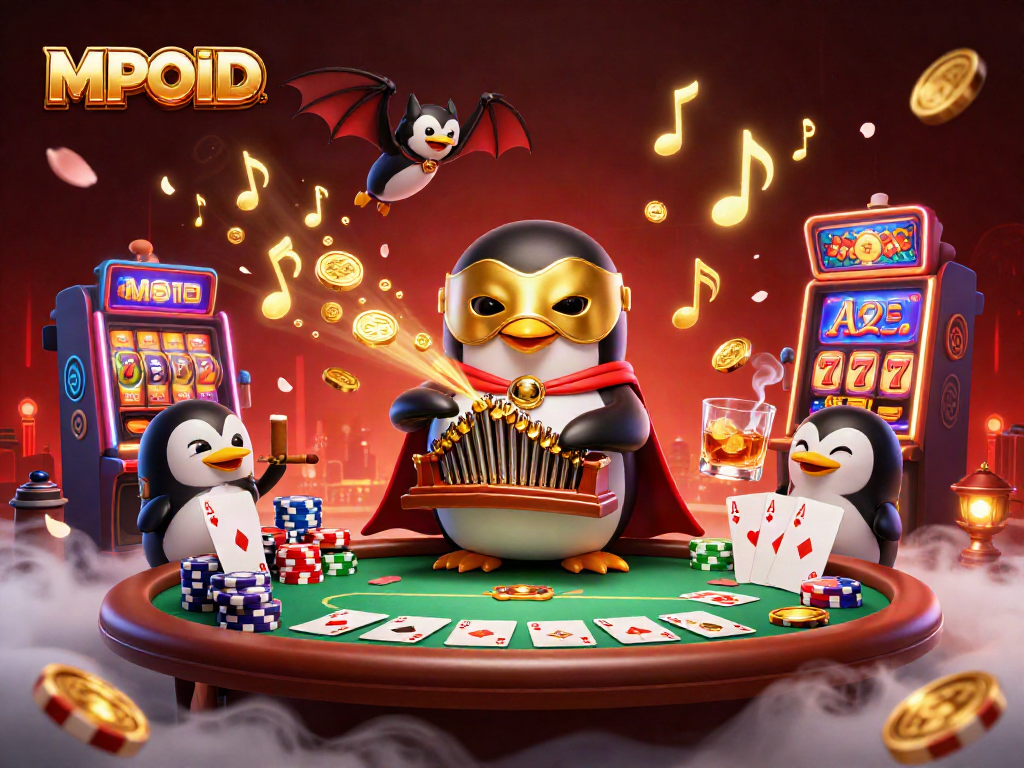MPOID penguin plays organ, scattering golden coins while bat performs above in a vibrant casino scene