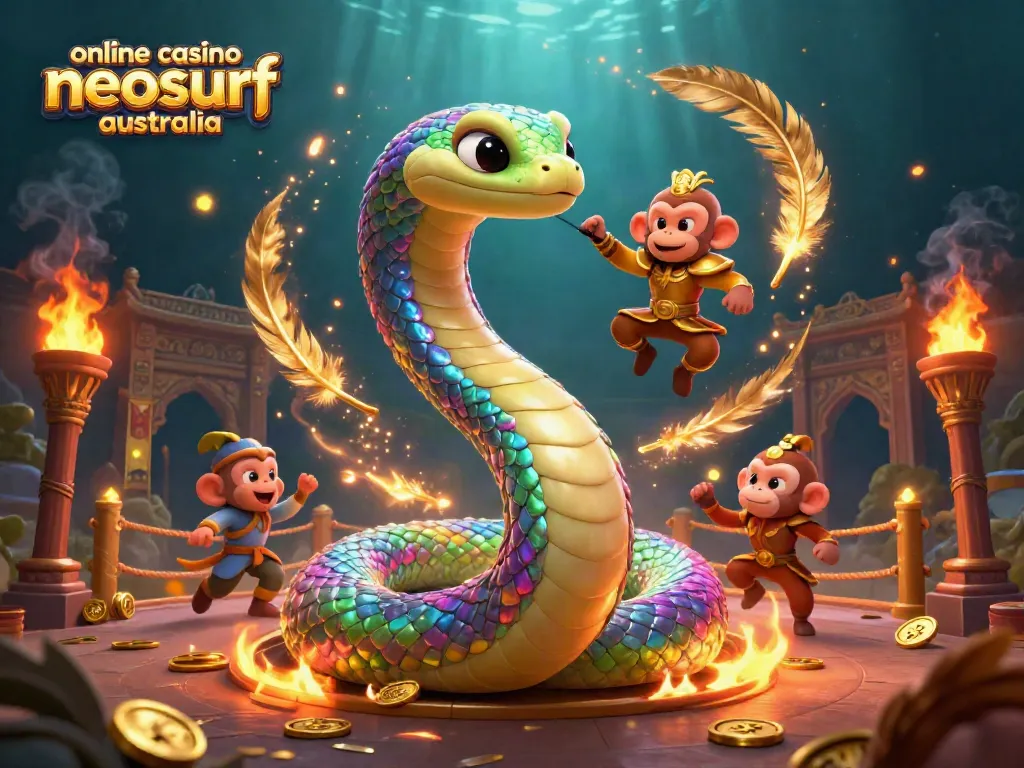 Engage with online casino Neosurf Australia in a vibrant 3D illustration showcasing casino elements and characters.