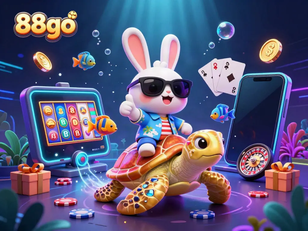Experience excitement with 88go as the lucky rabbit and golden turtle celebrate wins in a vibrant casino scene.