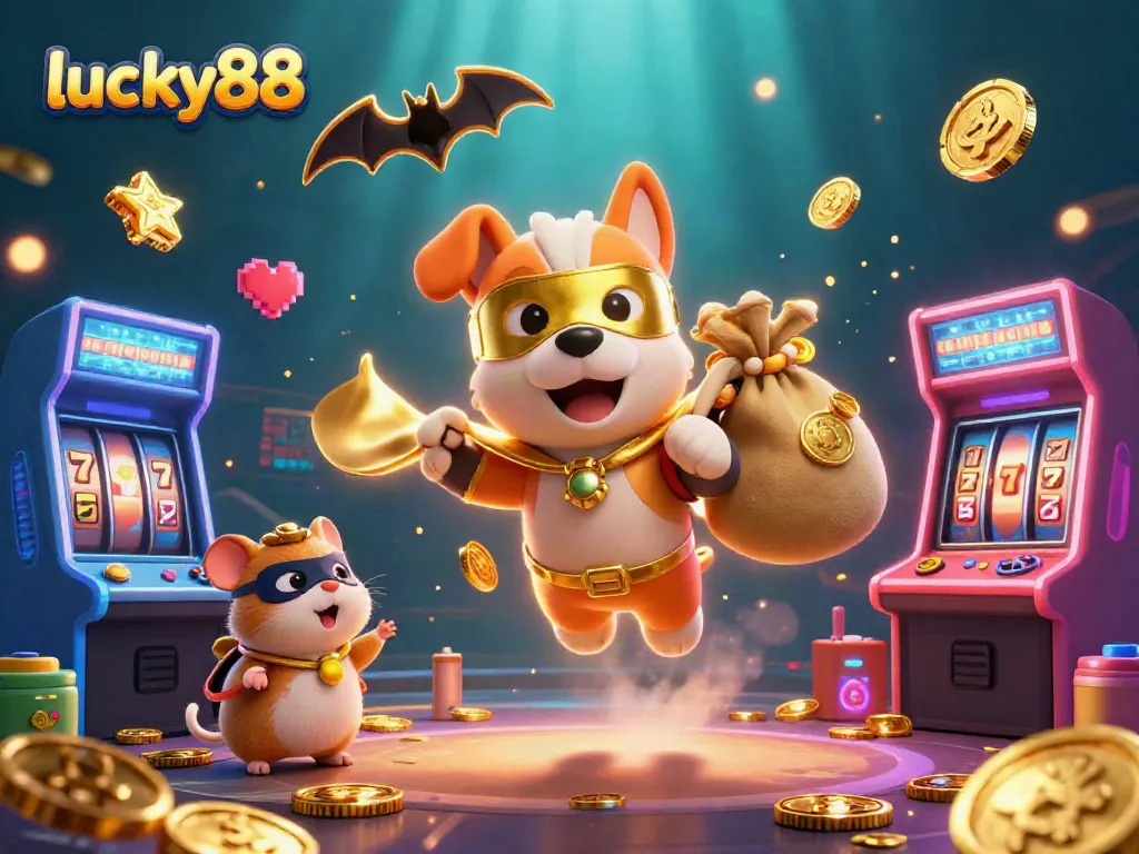 Engage in the excitement of lucky88 with a superhero dog and hamster flying surrounded by casino elements.