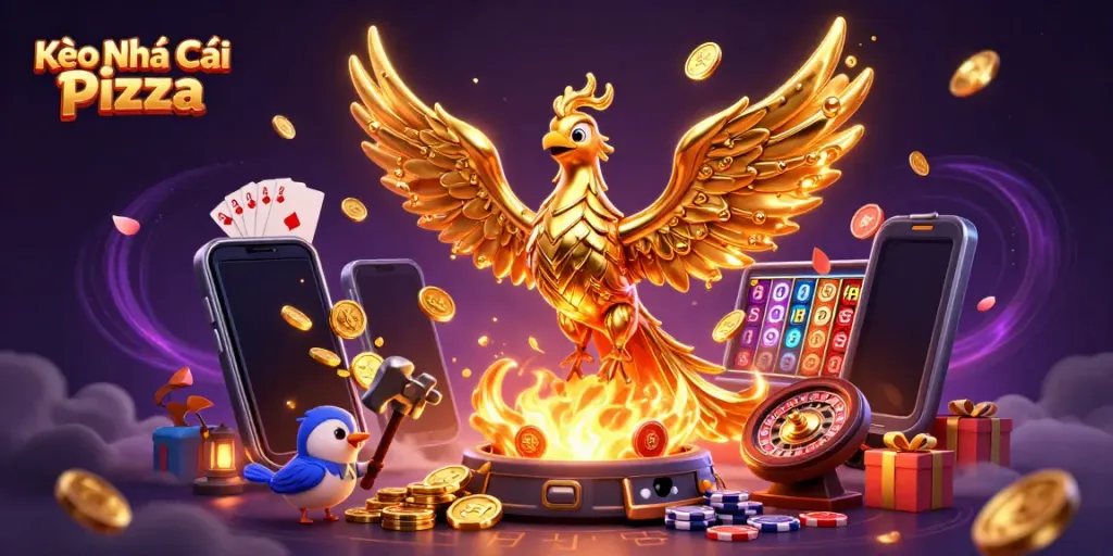 Experience the allure of Kèo Nhà Cái Pizza with a dynamic 3D illustration of a phoenix and casino elements.