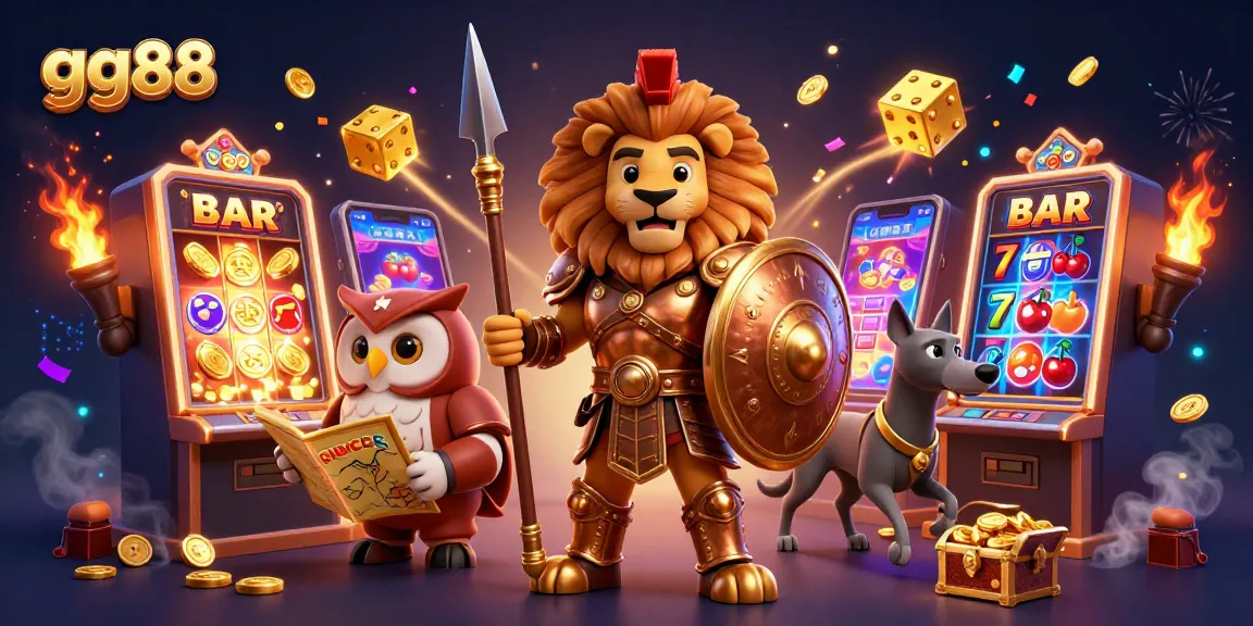 Experience the thrill of gg88 at this vibrant 3D casino scene featuring a Spartan lion, owl strategist, and greyhound messenger.