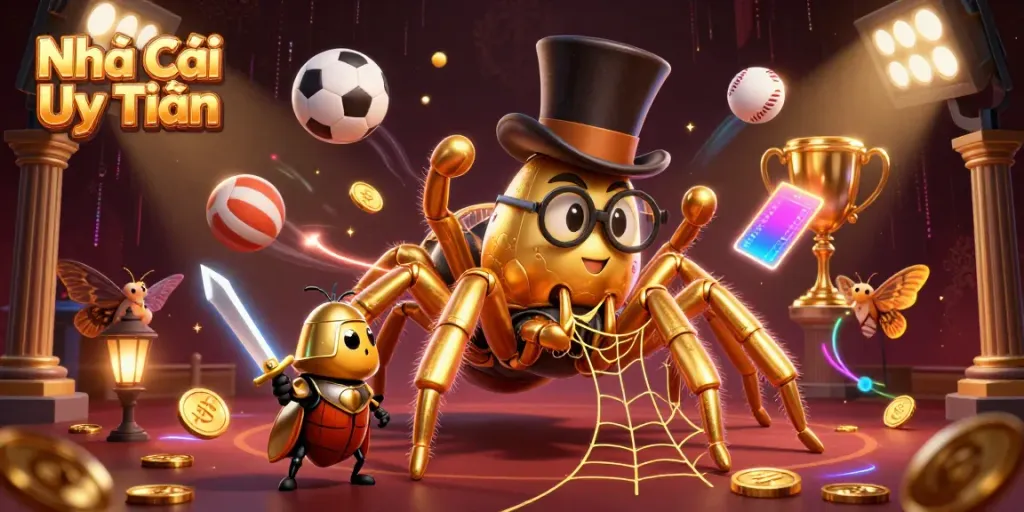 Experience vibrant gaming at Nhà Cái Uy Tín with a lively 3D casino scene featuring characters and dynamic sports elements.