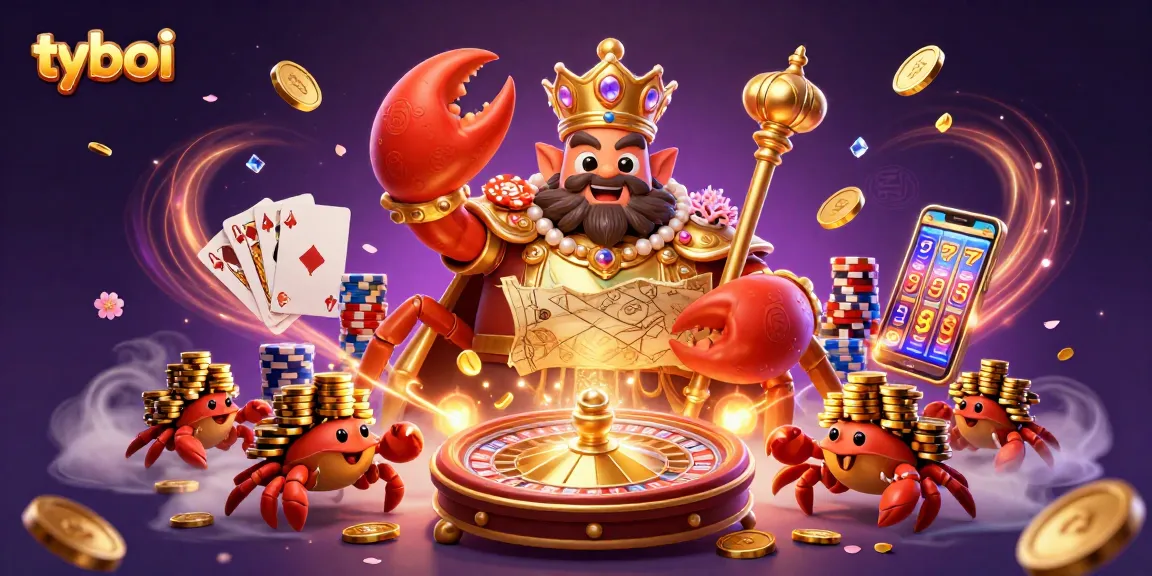 Experience winning adventures with tyboi's golden crab emperor amidst cascading coins and cards.