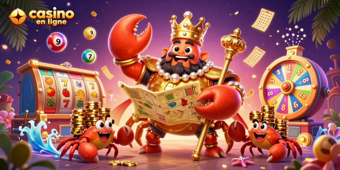 Les jeux captivants de casino en ligne s'animent avec un crabe doré et des éléments colorés.