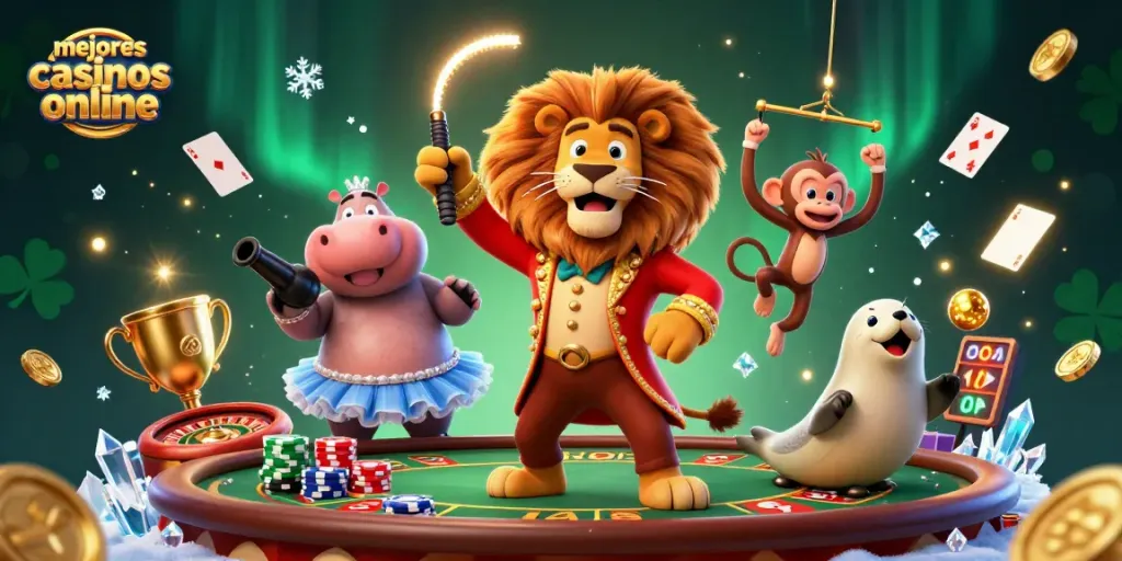 El emocionante mundo de los mejores casinos online se revela con personajes vibrantes y elementos de juego en acción.