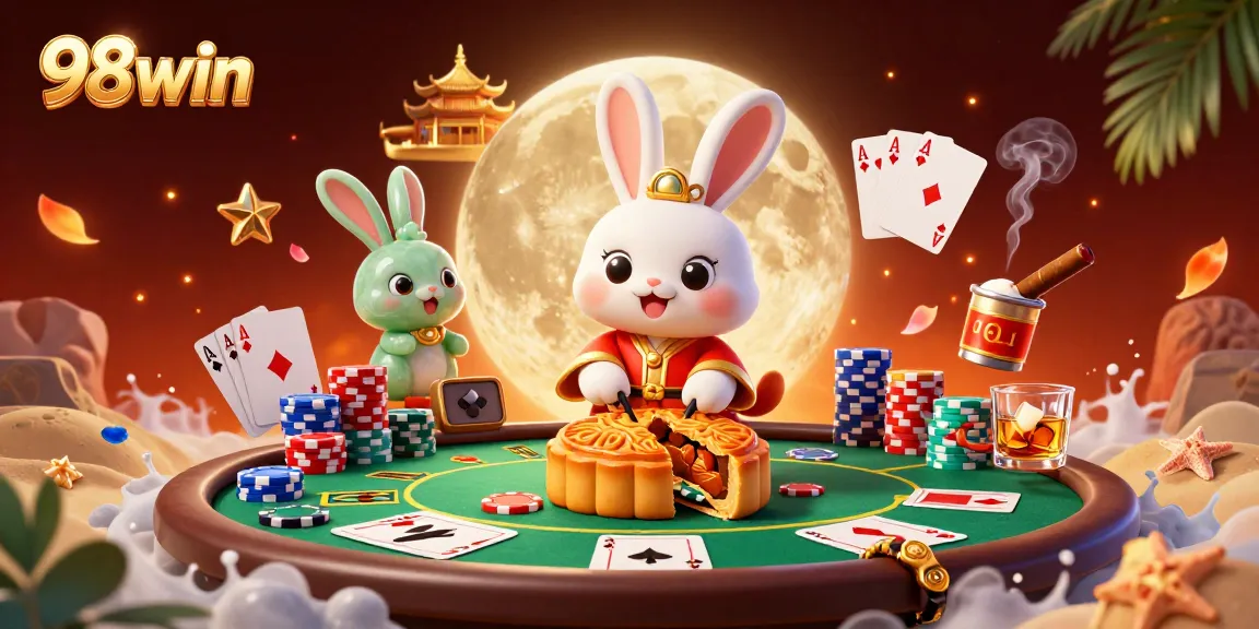 Engage with 98win's vibrant casino-themed illustration featuring a moon rabbit and poker elements.