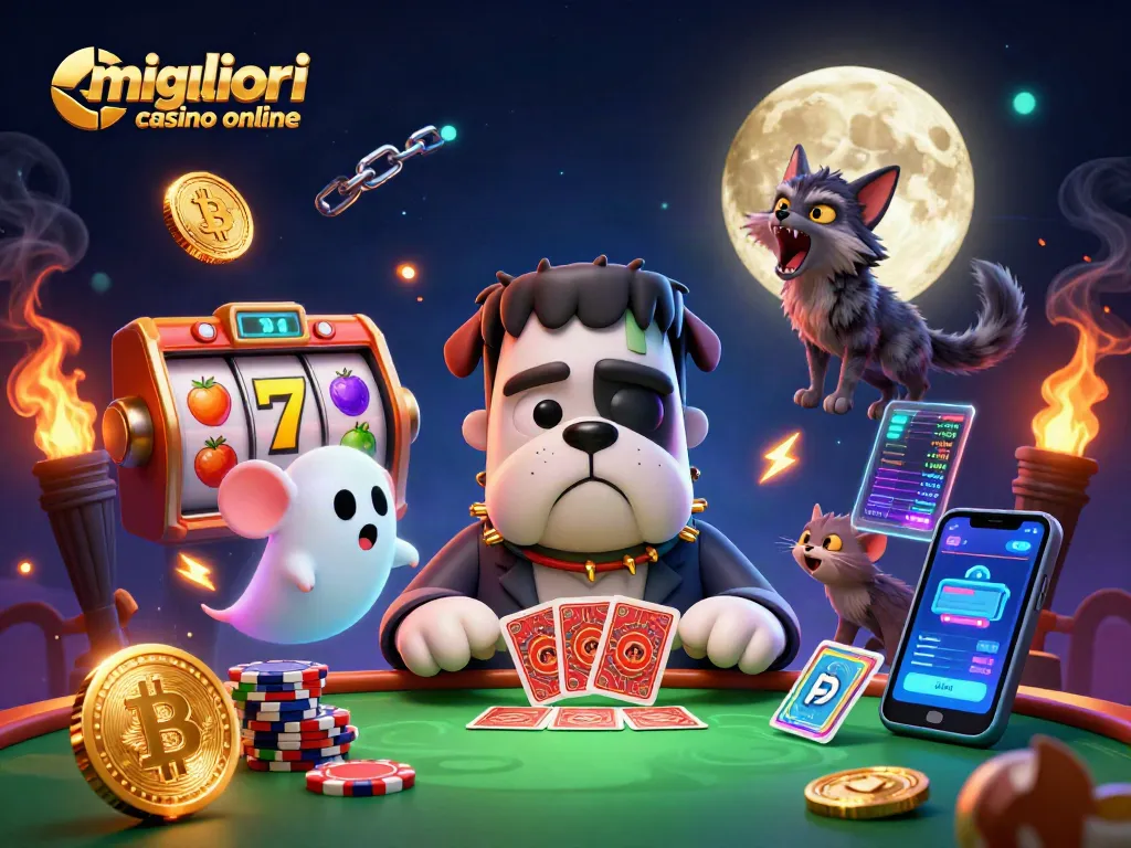 Scopri i migliori casino online mentre un bulldog Frankenstein distribuisce carte in un'atmosfera spettrale.
