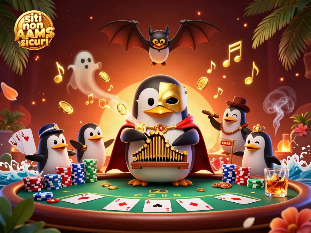 Scopri i migliori siti non AAMS sicuri con il pinguino fantasma che gioca e distribuisce monete dorate.