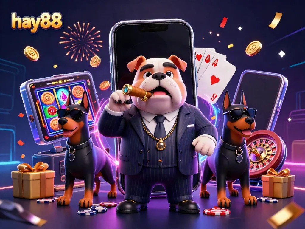 Experience high-stakes excitement at hay88 with a cartoon mafia boss and bodyguards, surrounded by casino elements.