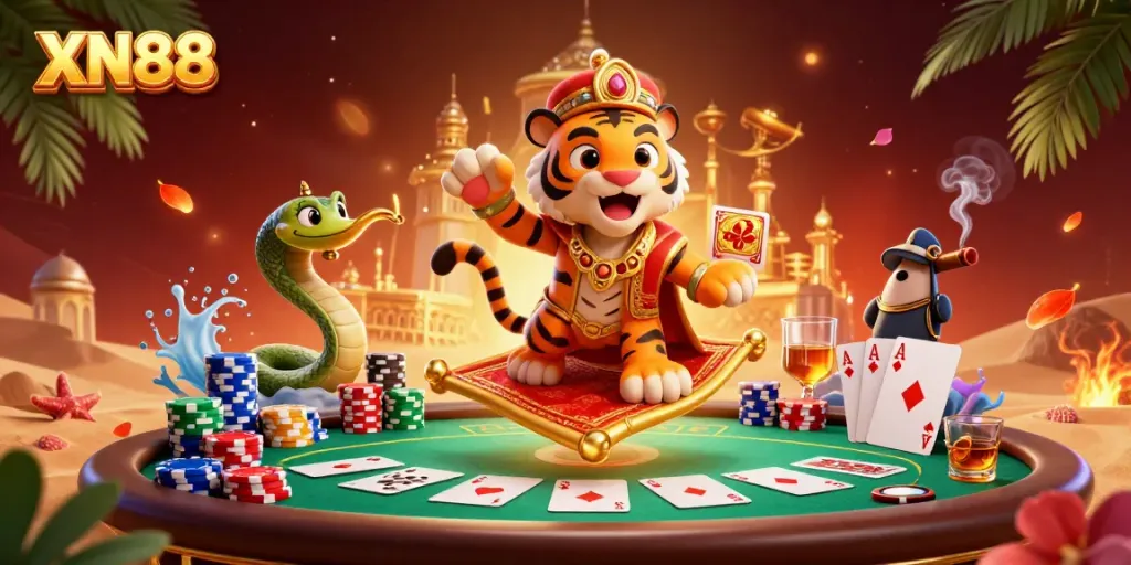 Experience exciting gameplay at XN88 with a dynamic Arabian Nights scene featuring poker elements and colorful characters.