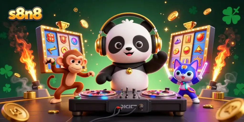 Experience the excitement of gambling with the lively DJ panda, breakdancing monkey, and glowing kitten in s8n8's thrilling casino atmosphere.