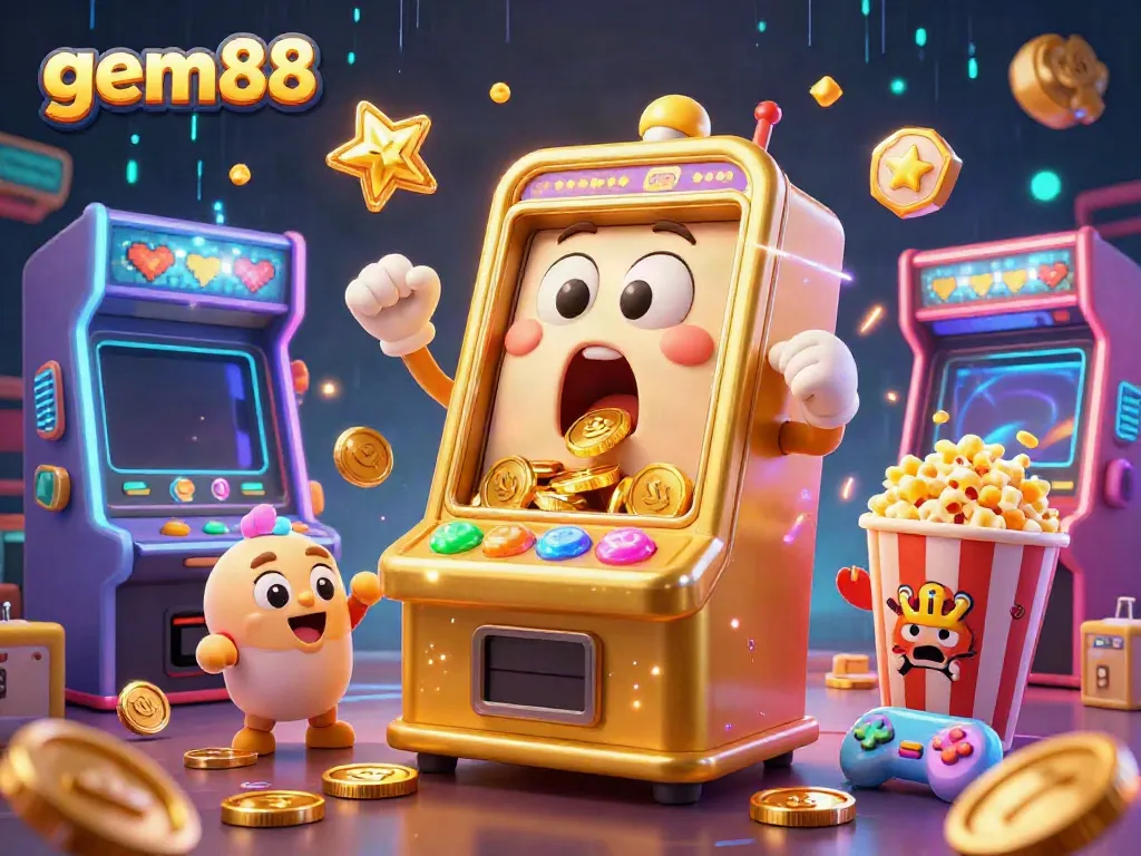 Experience gem88 with a lively cartoon slot machine hitting a jackpot, surrounded by cheering machines and games.