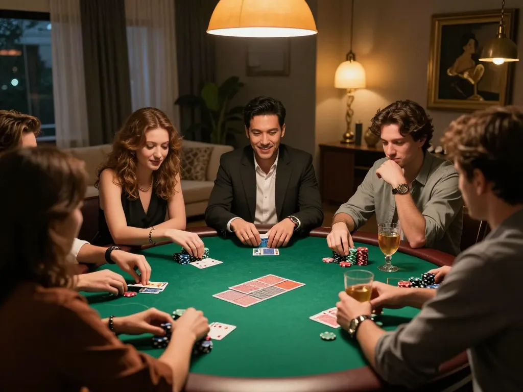 SLOT88 players enjoying a friendly poker night at home with vibrant chips and cards in play, capturing strategic gameplay.