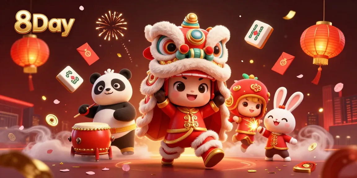 Experience the excitement of 8Day with fortune-themed characters in a dynamic casino scene.